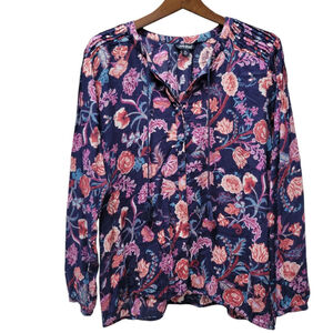 Lucky Brand Sz XL Top Blouse Shirt Blue Floral Print Tassel Tie Rayon